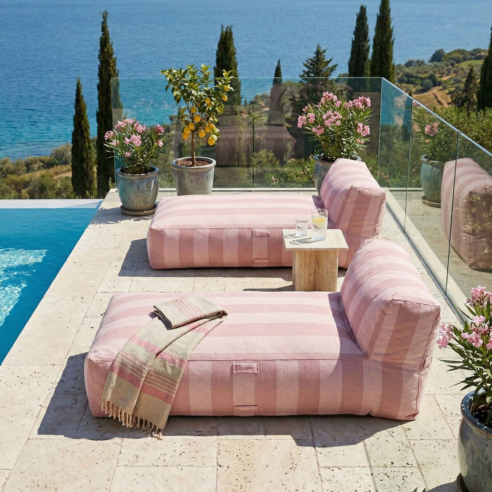 Sofá modular de exterior para 2 personas con 2 chaise longue a rayas