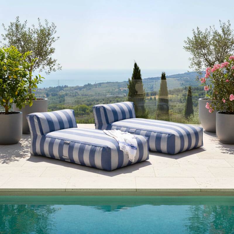 Sofá modular de exterior para 2 personas con 2 chaise longue a rayas