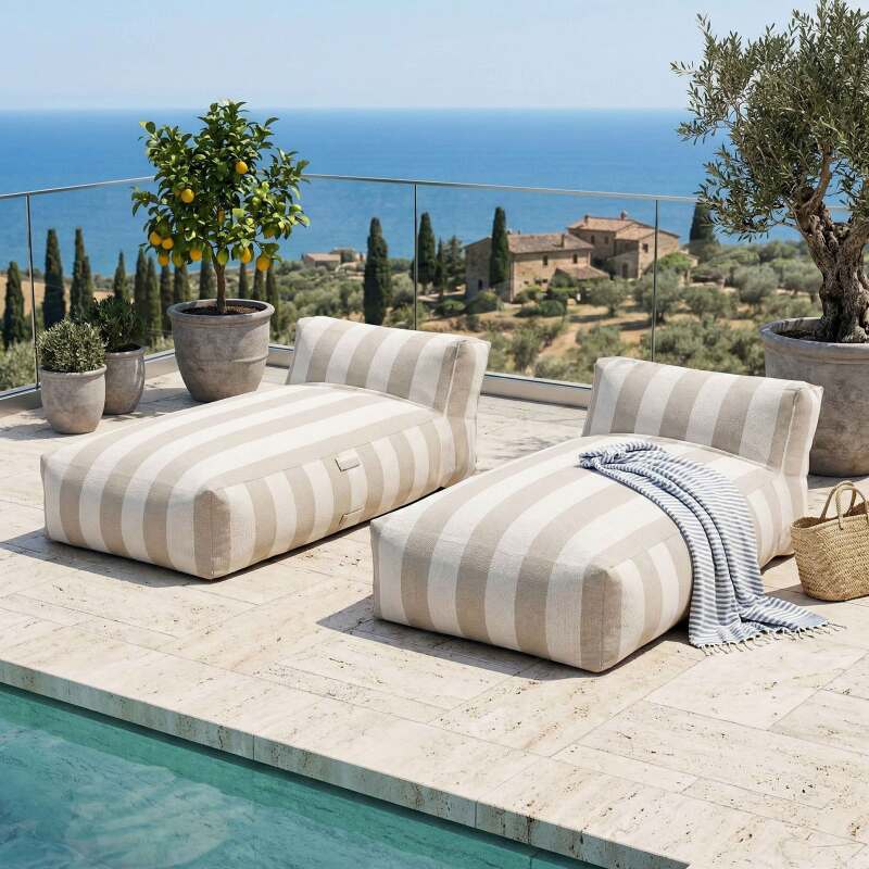 Sofá modular de exterior para 2 personas con 2 chaise longue a rayas