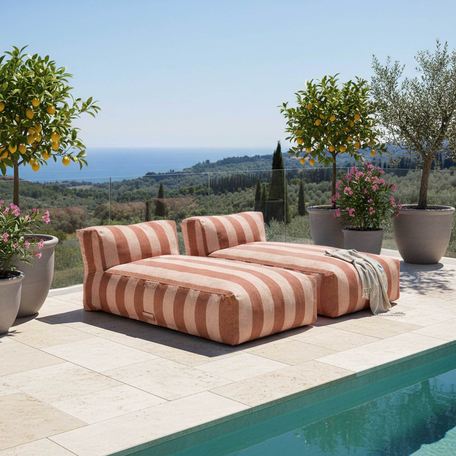 Sofá modular de exterior para 2 personas con 2 chaise longue a rayas