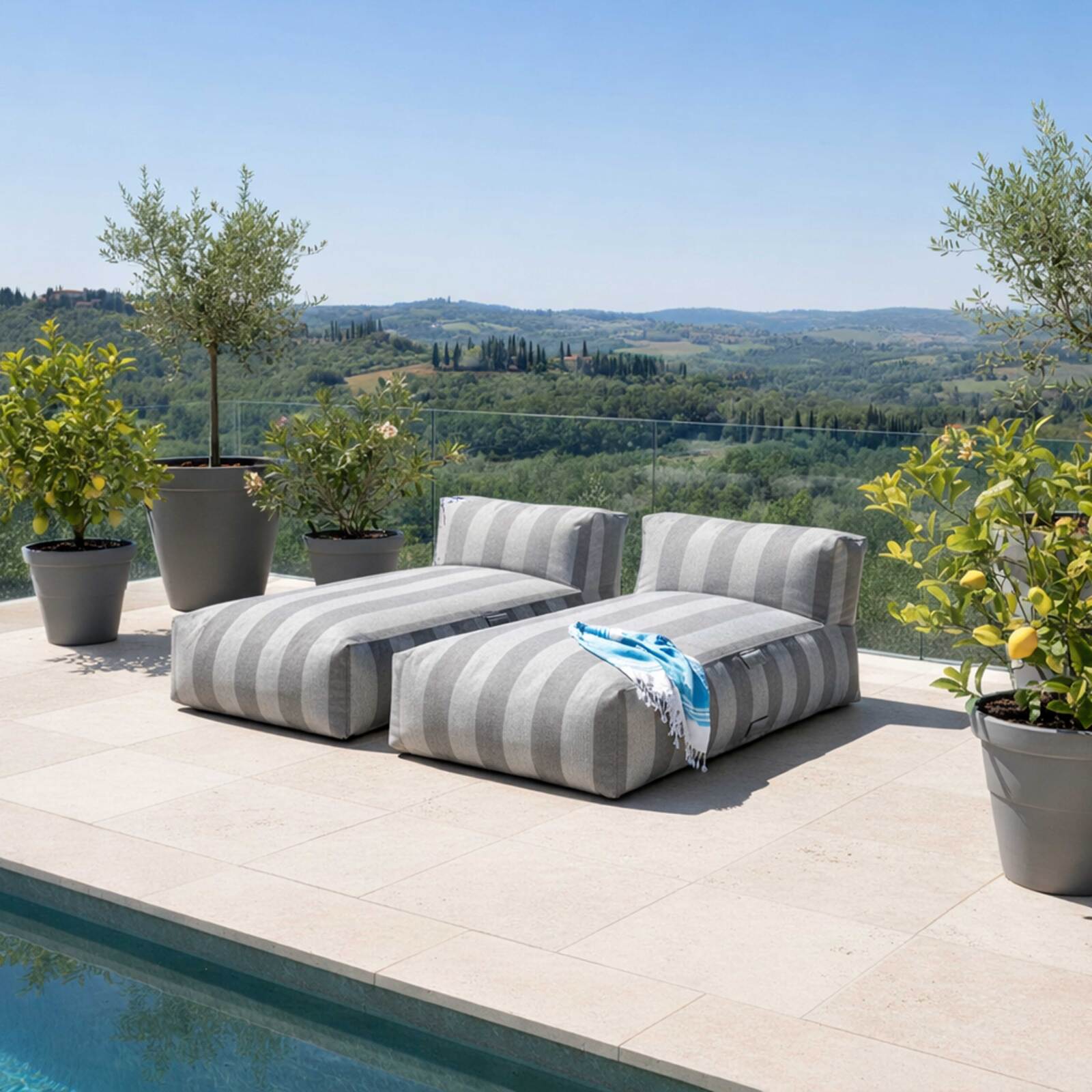 Sofá modular de exterior para 2 personas con 2 chaise longue a rayas