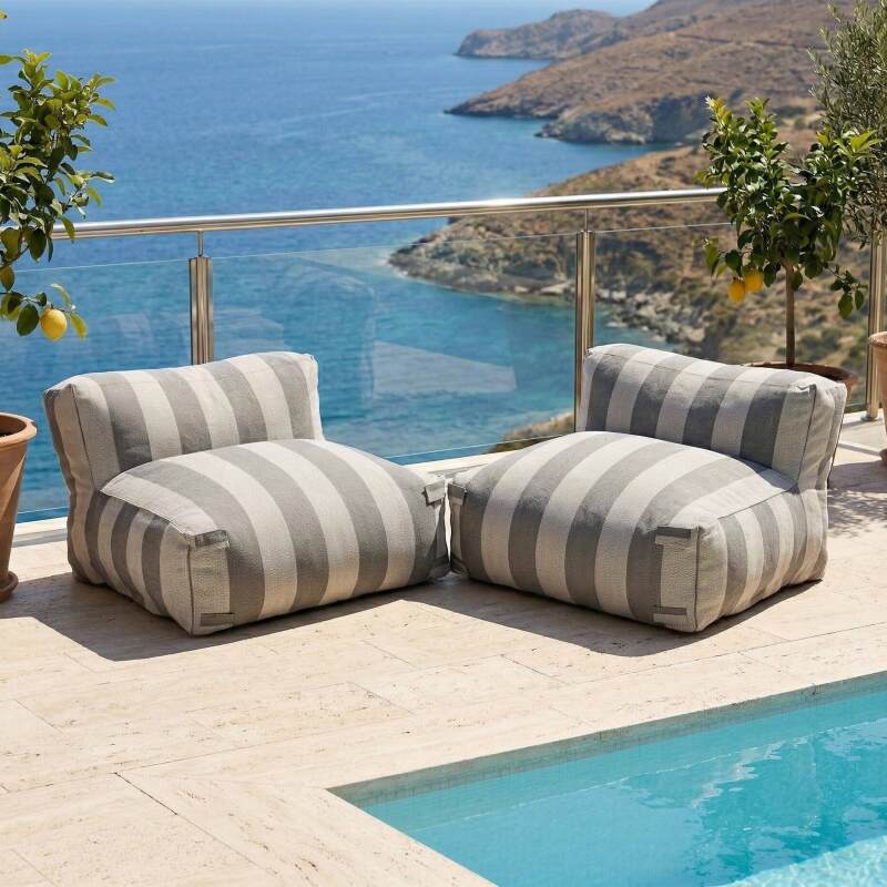 Sofá modular de exterior para 2 personas con 2 sillones a rayas (2/7)