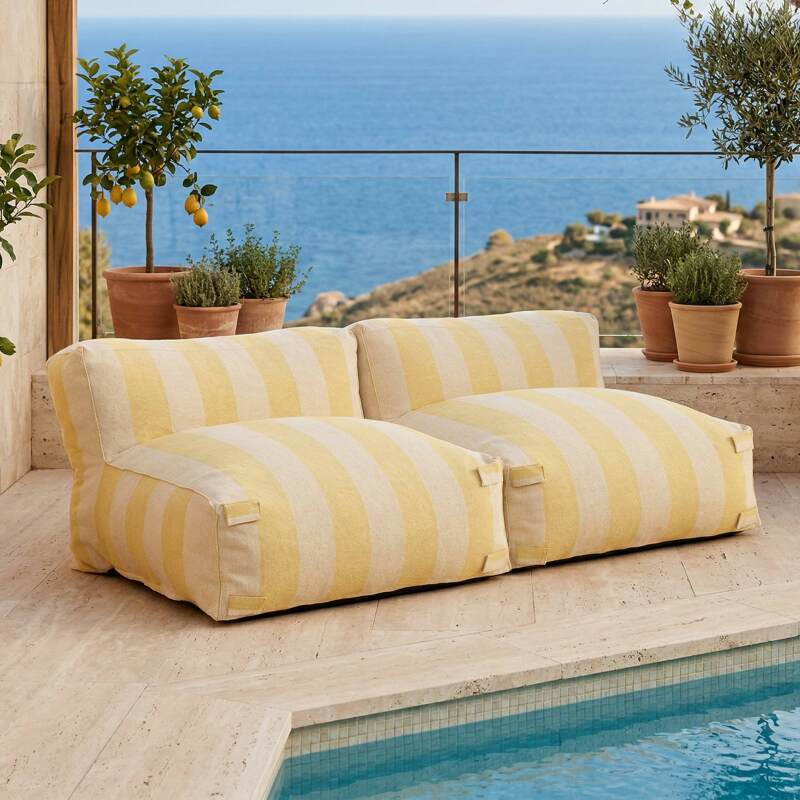 Sofá modular de exterior para 2 personas con 2 sillones a rayas - Lifestyle