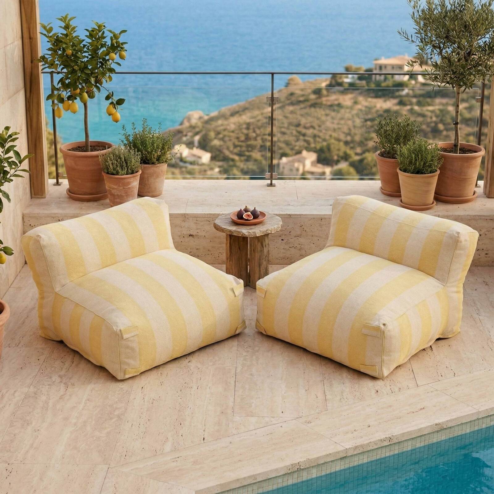 Sofá modular de exterior para 2 personas con 2 sillones a rayas