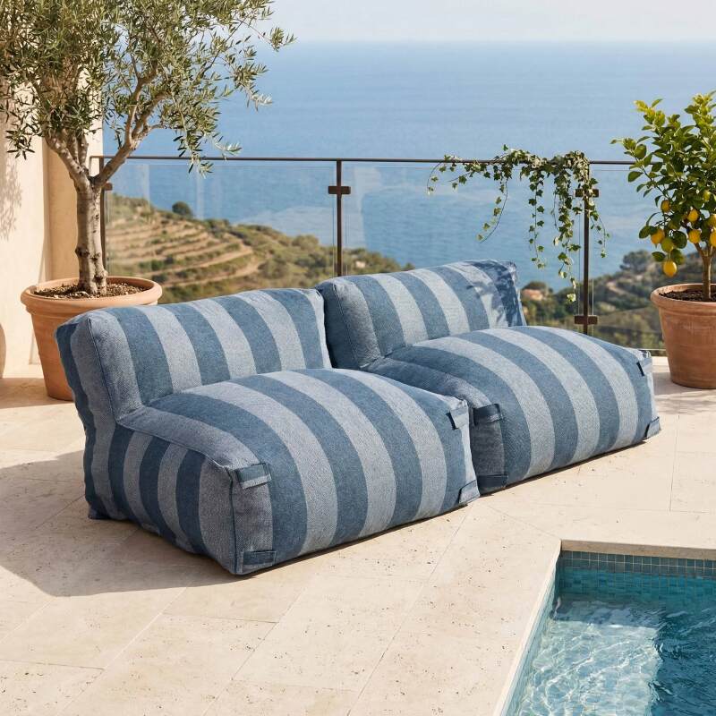 Sofá modular de exterior para 2 personas con 2 sillones a rayas - Lifestyle