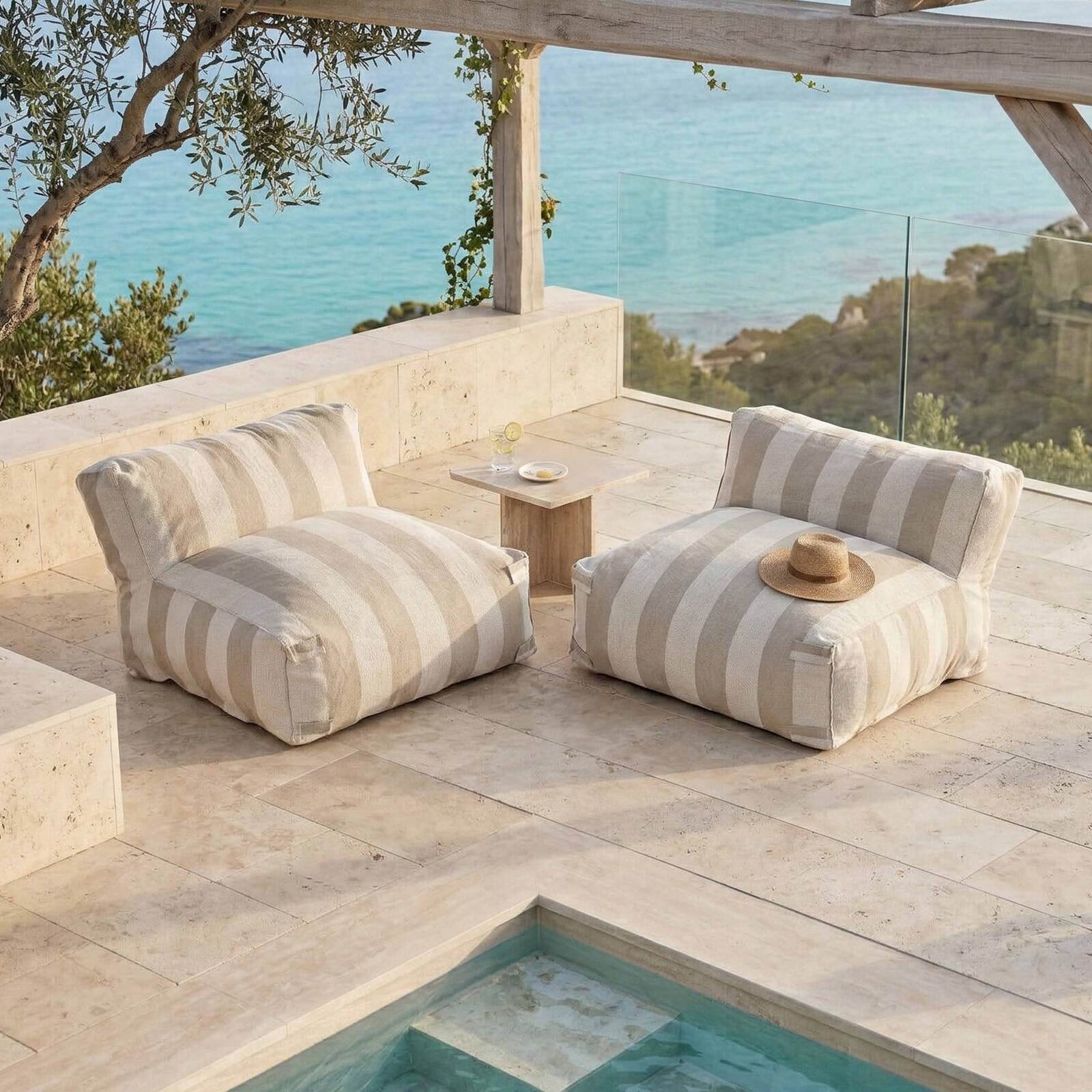 Sofá modular de exterior para 2 personas con 2 sillones a rayas