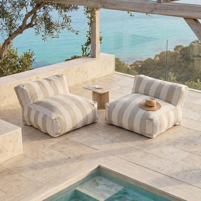 Sofá modular de exterior para 2 personas con 2 sillones a rayas (2/7)