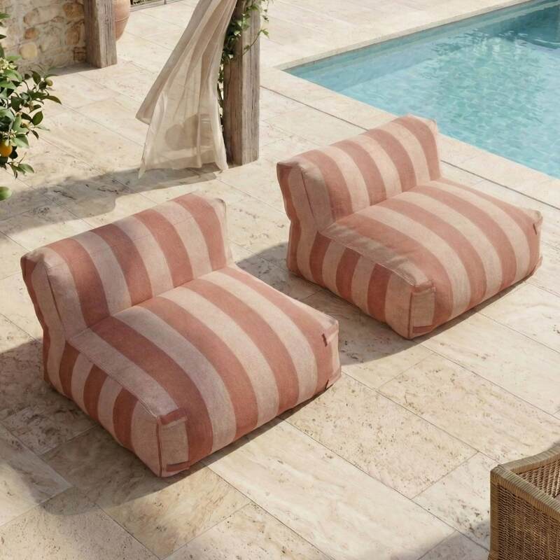 Sofá modular de exterior para 2 personas con 2 sillones a rayas (2/7)