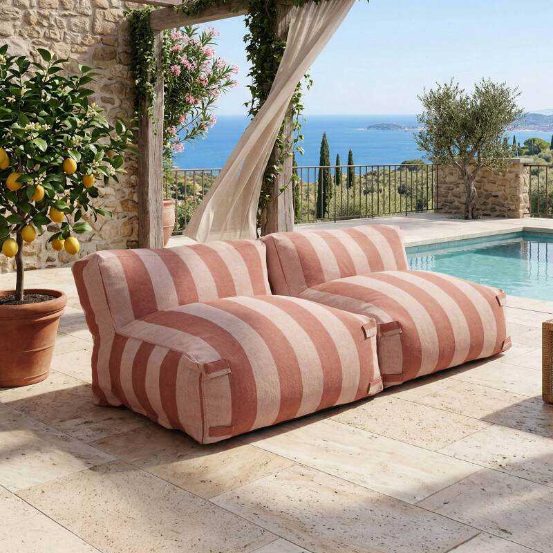 Sofá modular de exterior para 2 personas con 2 sillones a rayas - Lifestyle