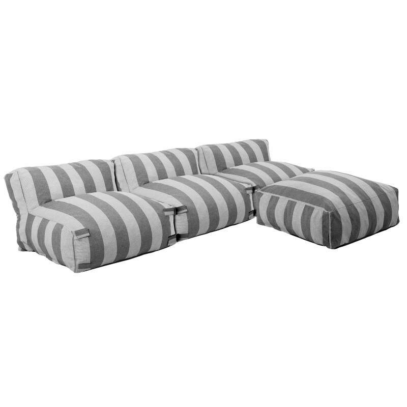 Sofá modular de exterior a rayas para 4 personas con 3 sillones y 1 puf
