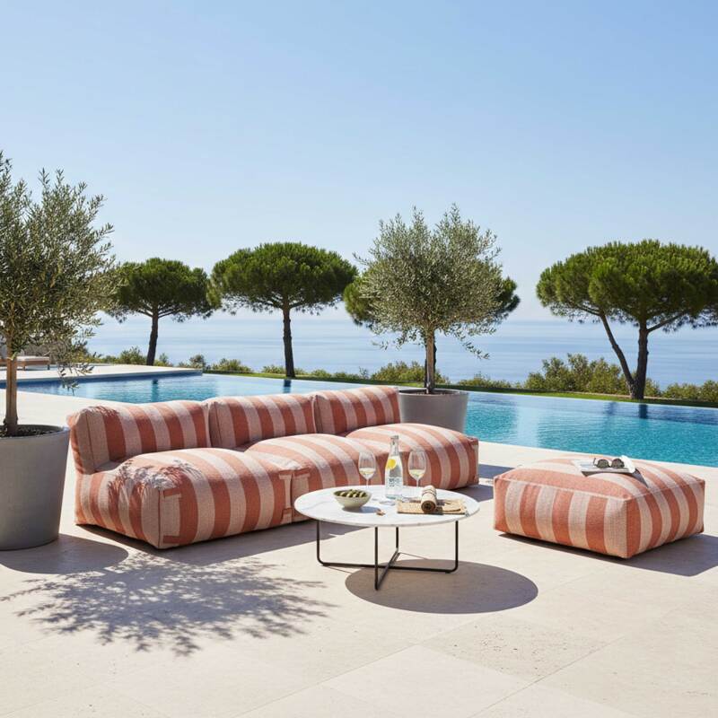 Sofá modular de exterior a rayas para 4 personas con 3 sillones y 1 puf