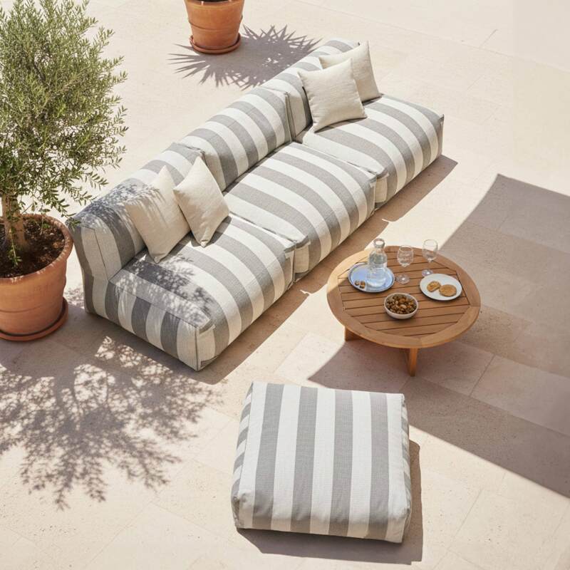 Sofá modular de exterior a rayas para 4 personas con 3 sillones y 1 puf (2/6)