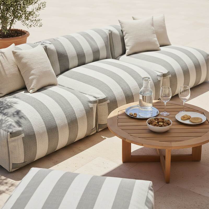 Sofá modular de exterior a rayas para 4 personas con 3 sillones y 1 puf (3/6)