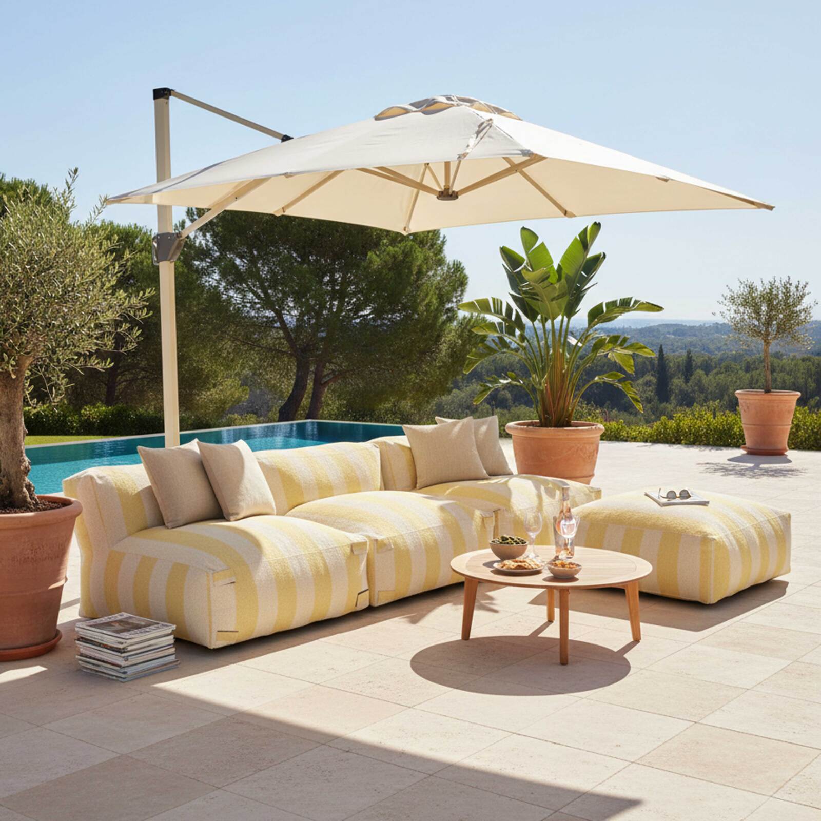 Sofá modular de exterior a rayas para 4 personas con 3 sillones y 1 puf