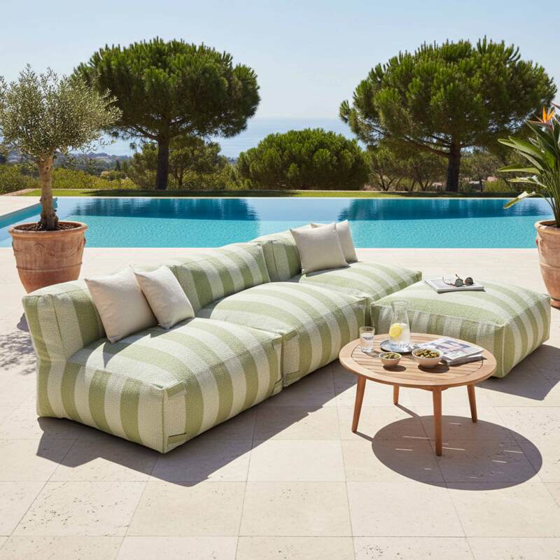 Sofá modular de exterior a rayas para 4 personas con 3 sillones y 1 puf
