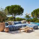 Sofá modular de exterior a rayas para 4 personas con 3 sillones y 1 puf