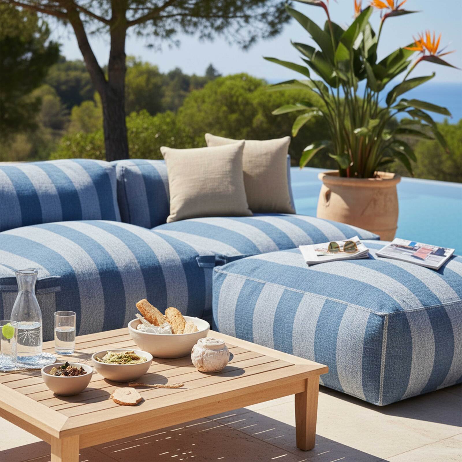 Sofá modular de exterior a rayas para 4 personas con 3 sillones y 1 puf