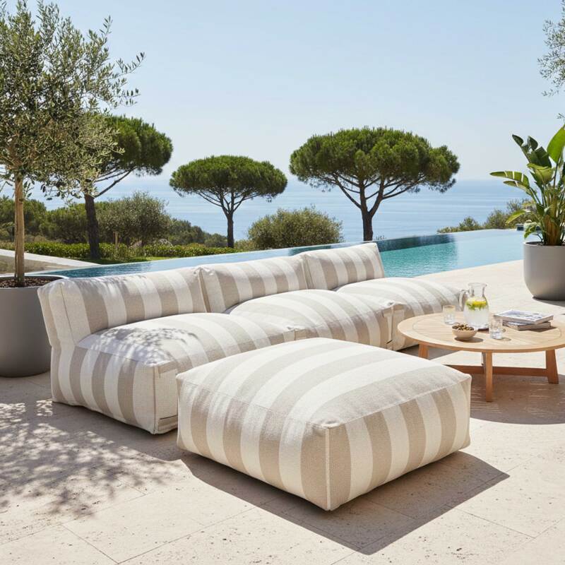 Sofá modular de exterior a rayas para 4 personas con 3 sillones y 1 puf