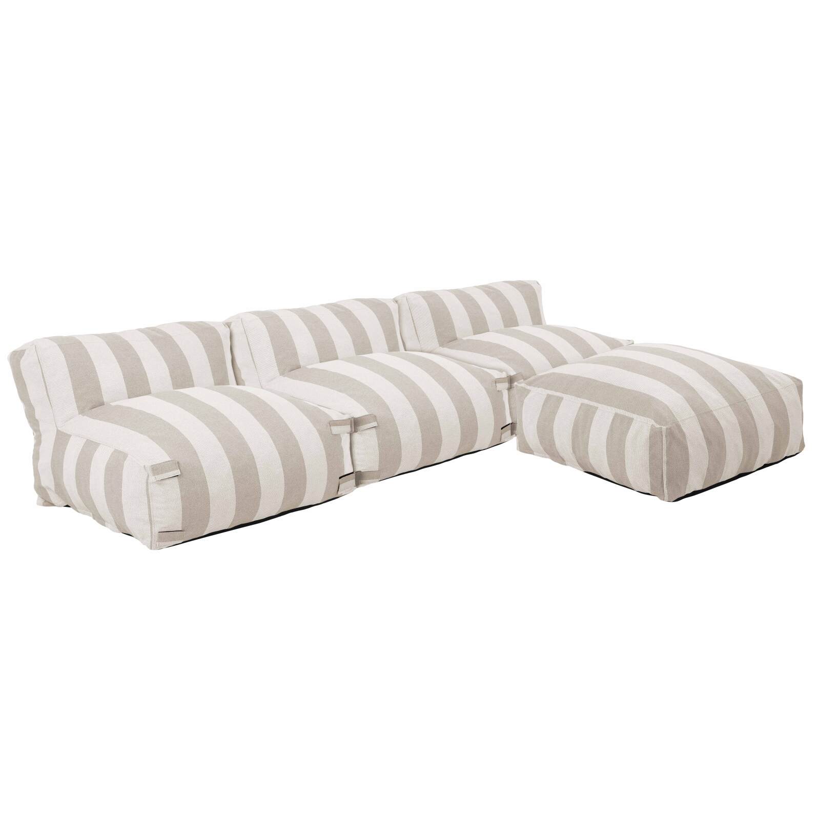 Sofá modular de exterior a rayas para 4 personas con 3 sillones y 1 puf
