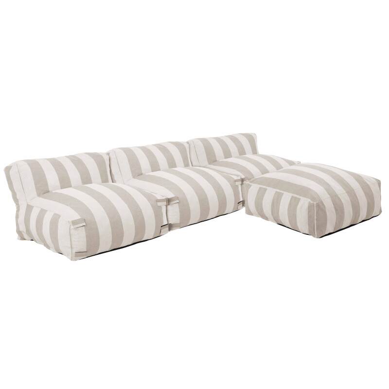 Sofá modular de exterior a rayas para 4 personas con 3 sillones y 1 puf