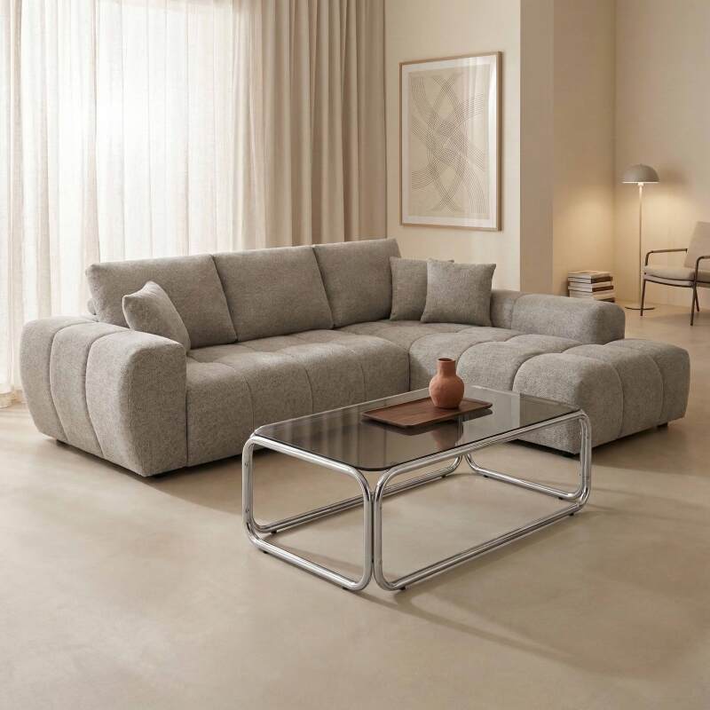 Sofá esquinero de 3 plazas de tela con chaise longue derecha y cojines