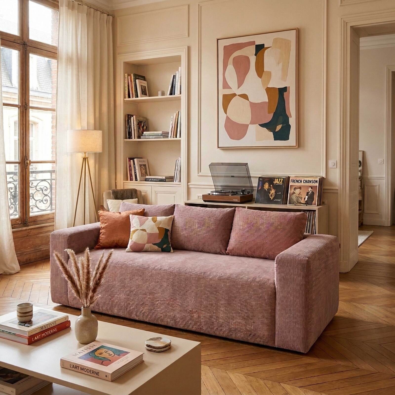 Sofá de 3 plazas en tejido acanalado con cojínes