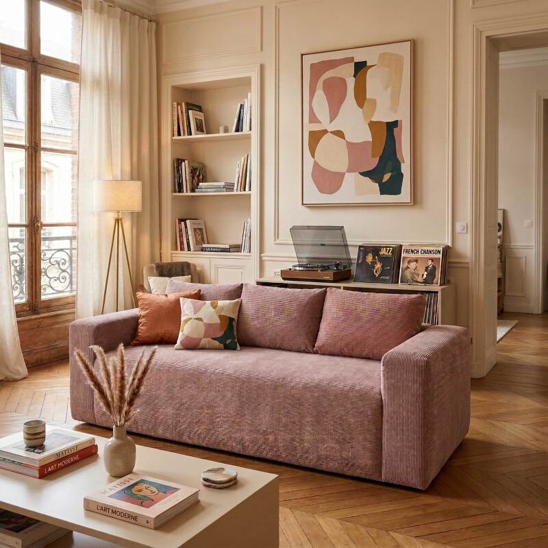 Sofá de 3 plazas en tejido acanalado con cojínes