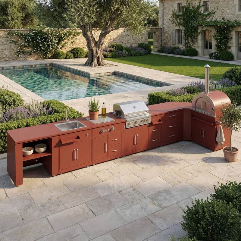 Cocina de exterior de metal de esquina con fregadero de exterior, horno a pizza, cocina a gas, barbacoa y almacenaje - 7 módulos - Lifestyle