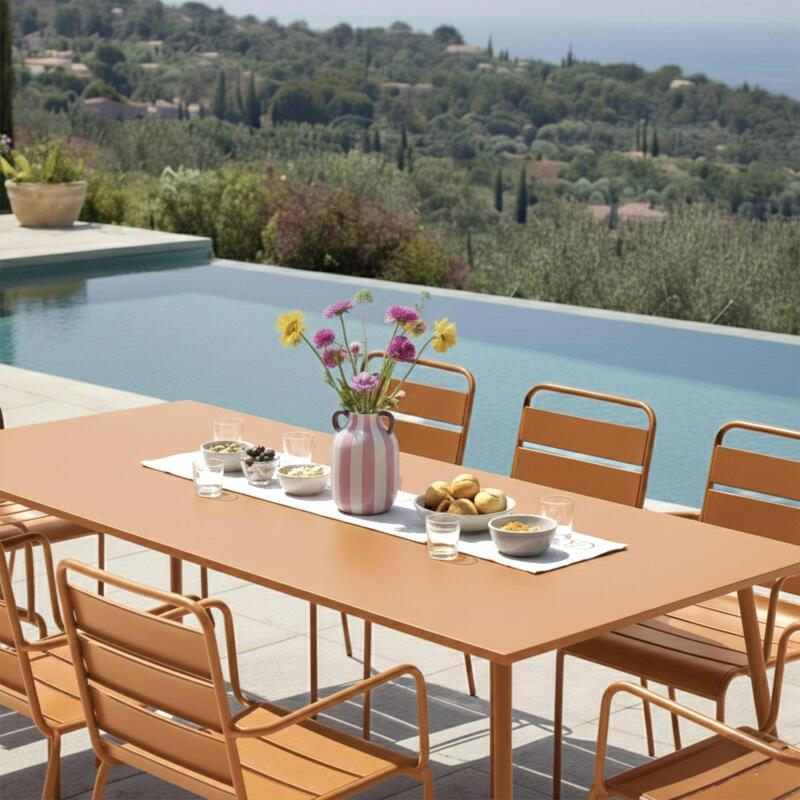 Mesa de jardín de metal 180x90 cm y 8 sillas con reposabrazos (2/10)