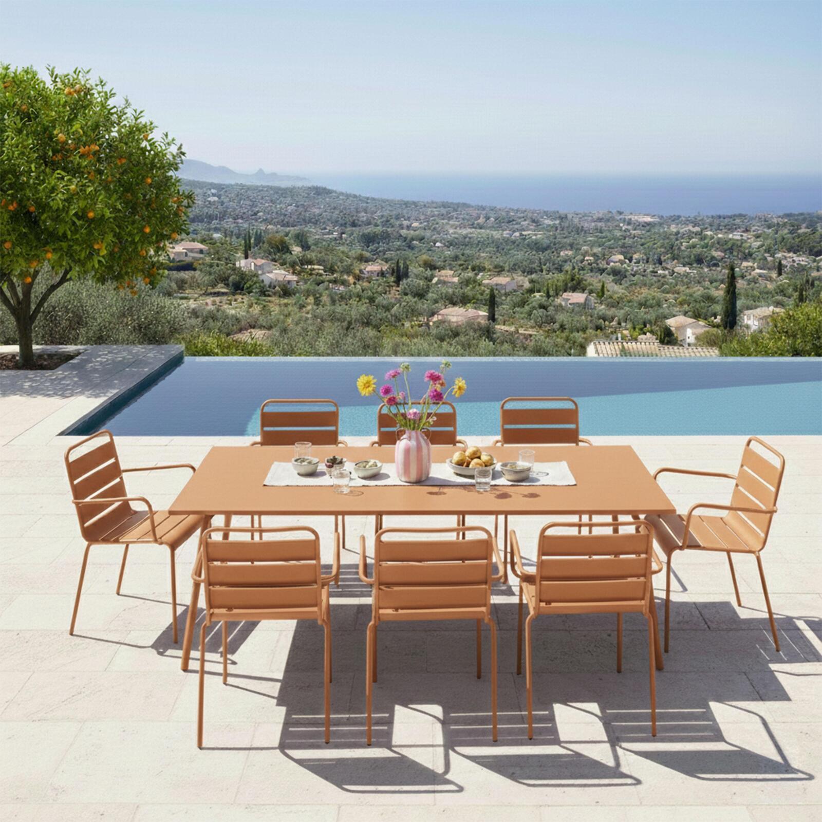 Mesa de jardín de metal 180x90 cm y 8 sillas con reposabrazos