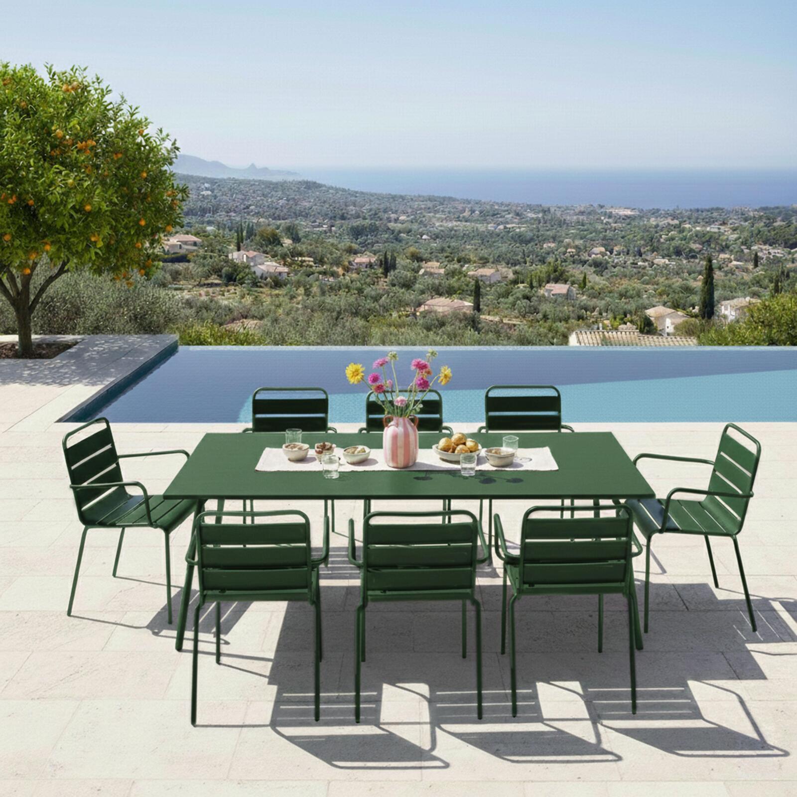 Mesa de jardín de metal 180x90 cm y 8 sillas con reposabrazos