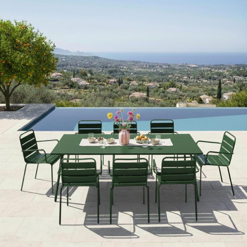 Mesa de jardín de metal 180x90 cm y 8 sillas con reposabrazos (2/10)