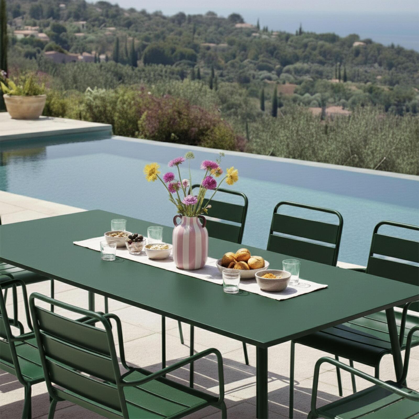 Mesa de jardín de metal 180x90 cm y 8 sillas con reposabrazos