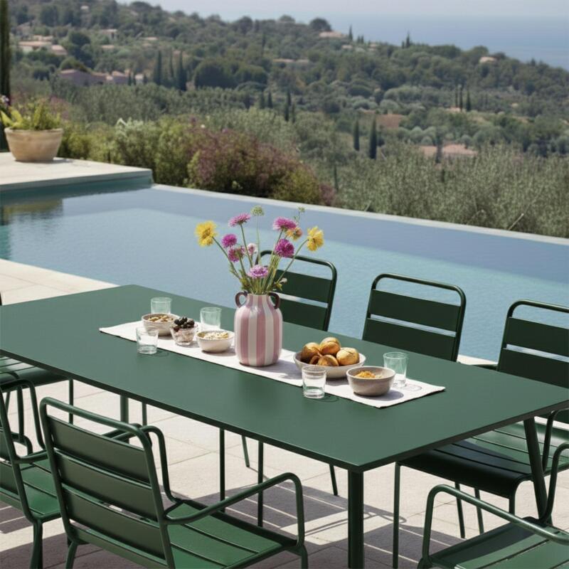 Mesa de jardín de metal 180x90 cm y 8 sillas con reposabrazos