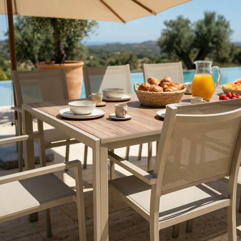 Mesa de jardín de aluminio y cerámica efecto madera 206x100 cm y 8 sillas en textilene (7/9)
