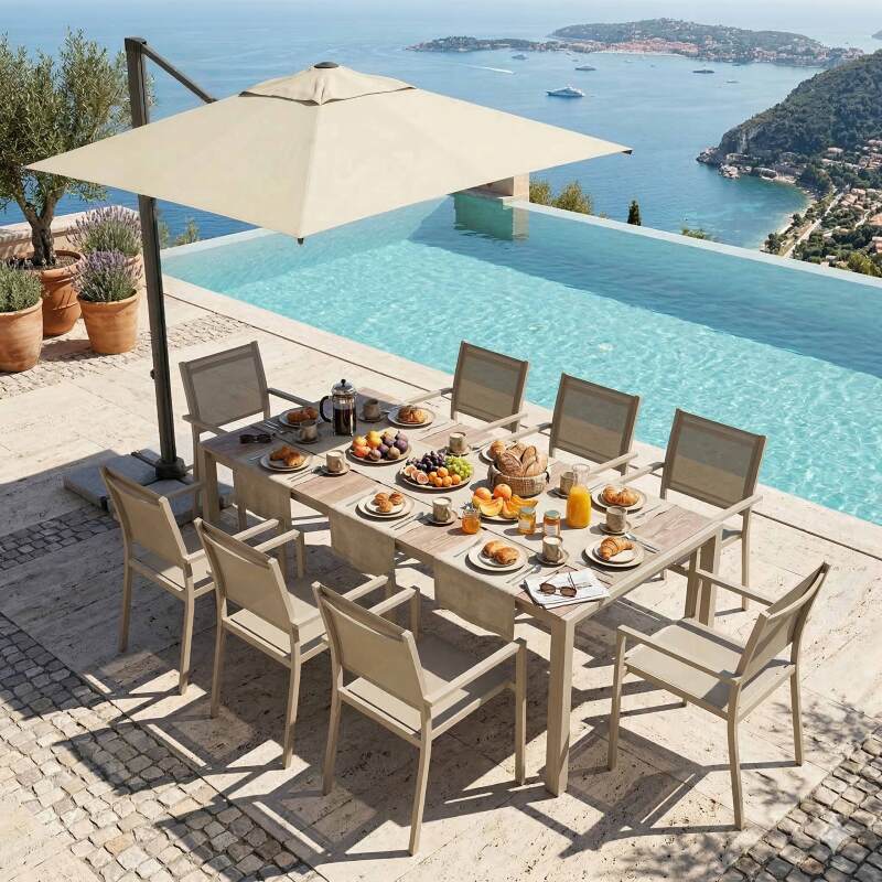 Mesa de jardín de aluminio y cerámica efecto madera 206x100 cm y 8 sillas en textilene