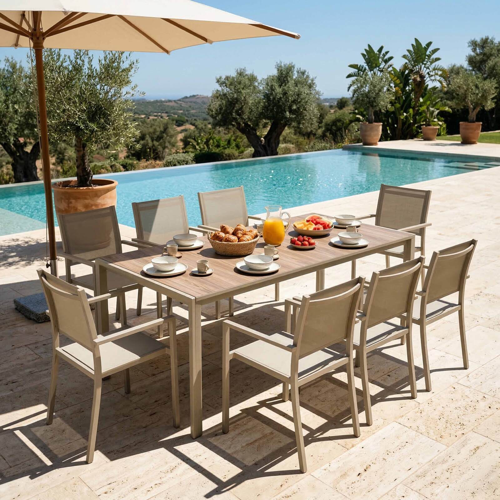 Mesa de jardín de aluminio y cerámica efecto madera 206x100 cm y 8 sillas en textilene