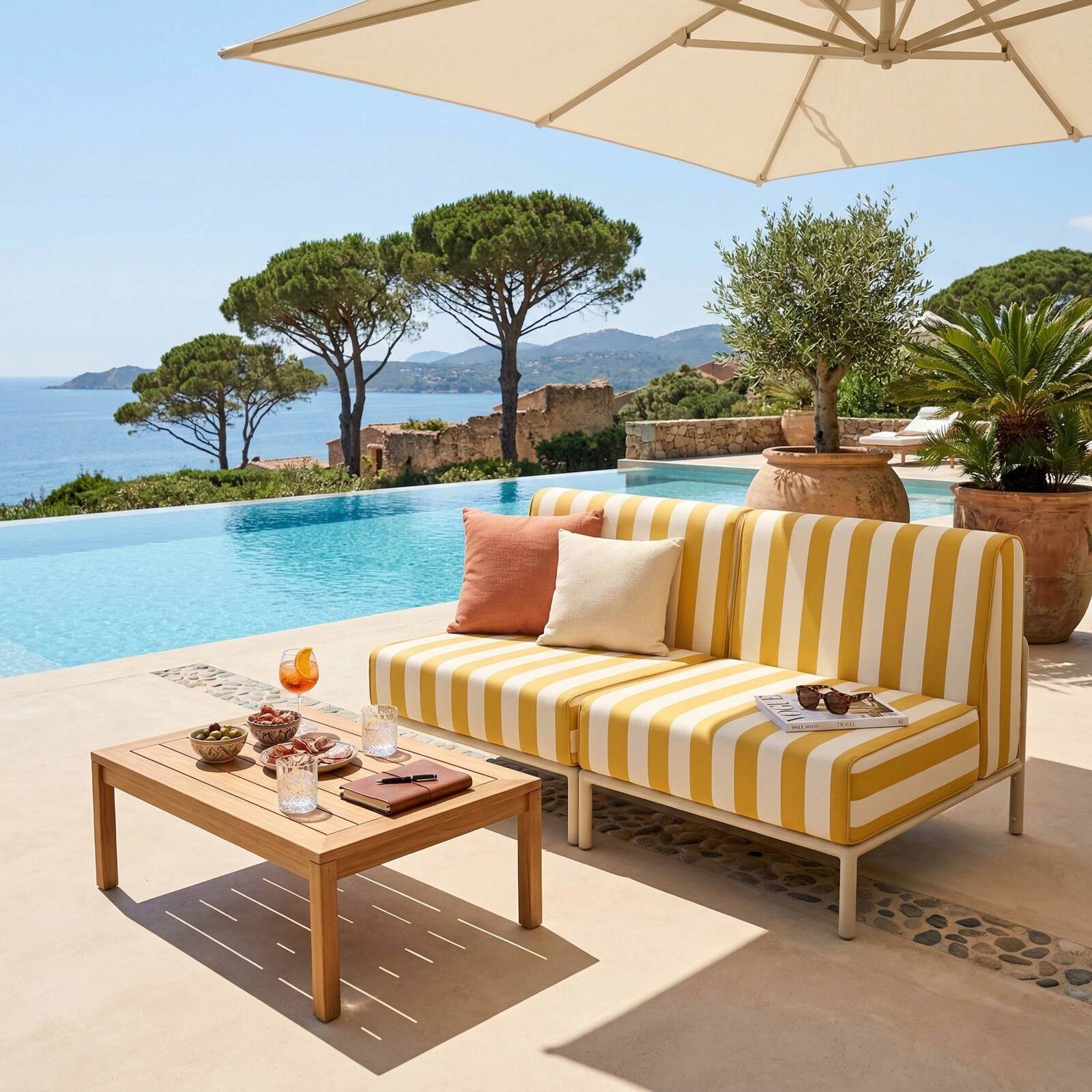 Sofá modular de exterior a rayas para 2 personas con 2 sillones