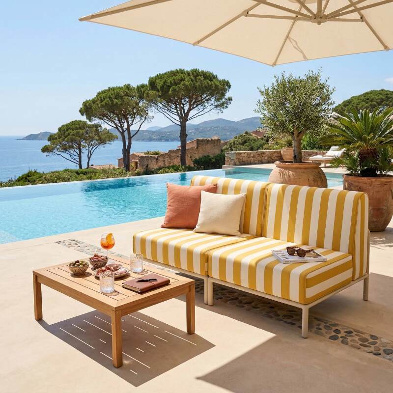 Sofá modular de exterior a rayas para 2 personas con 2 sillones