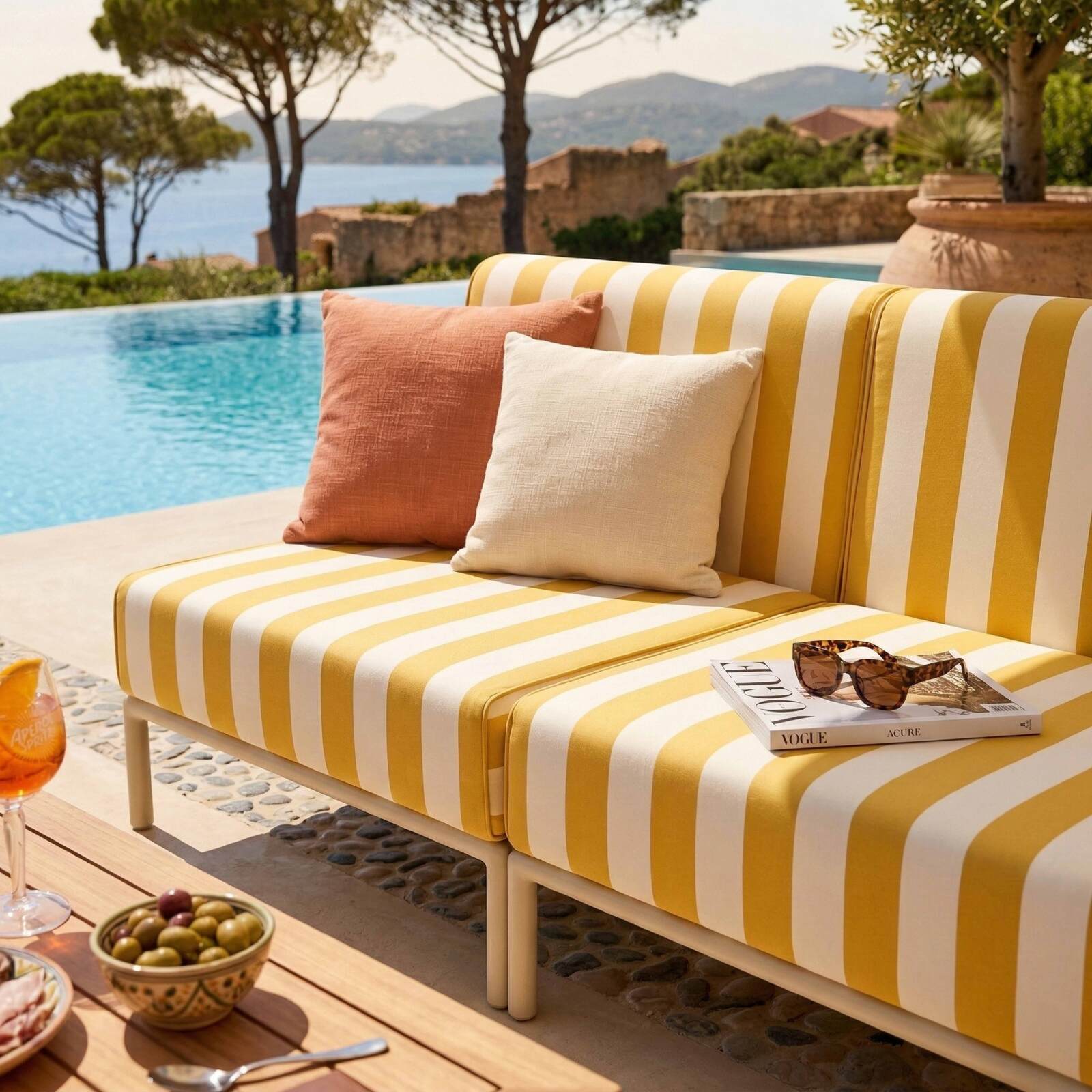 Sofá modular de exterior a rayas para 2 personas con 2 sillones