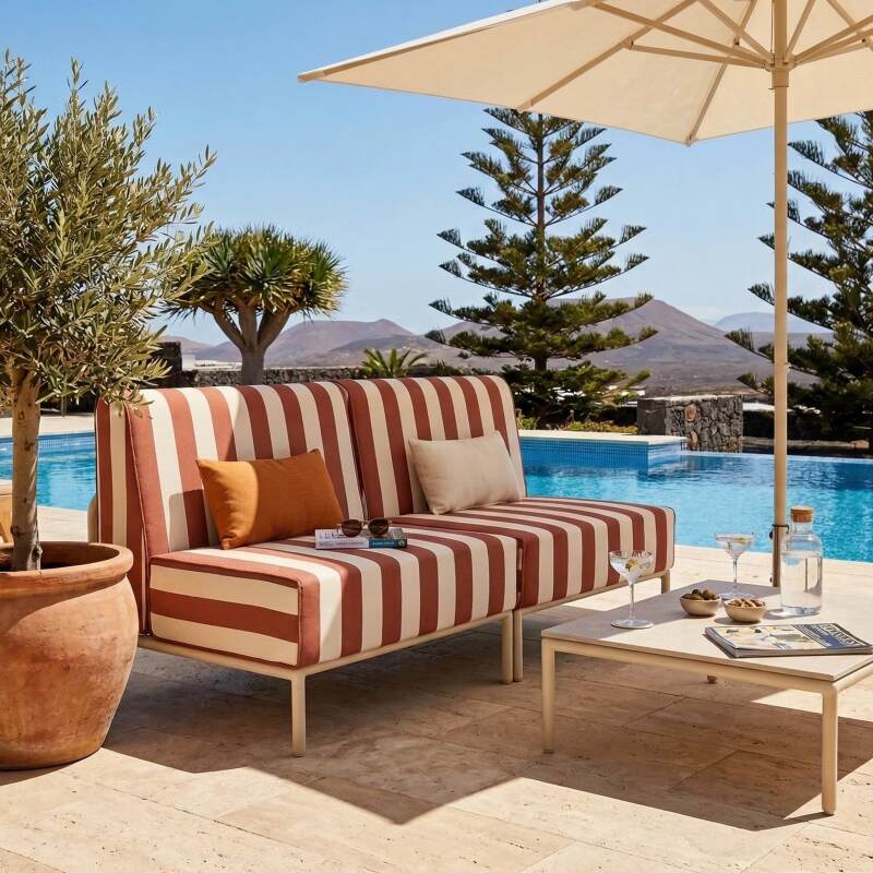 Sofá modular de exterior a rayas para 2 personas con 2 sillones
