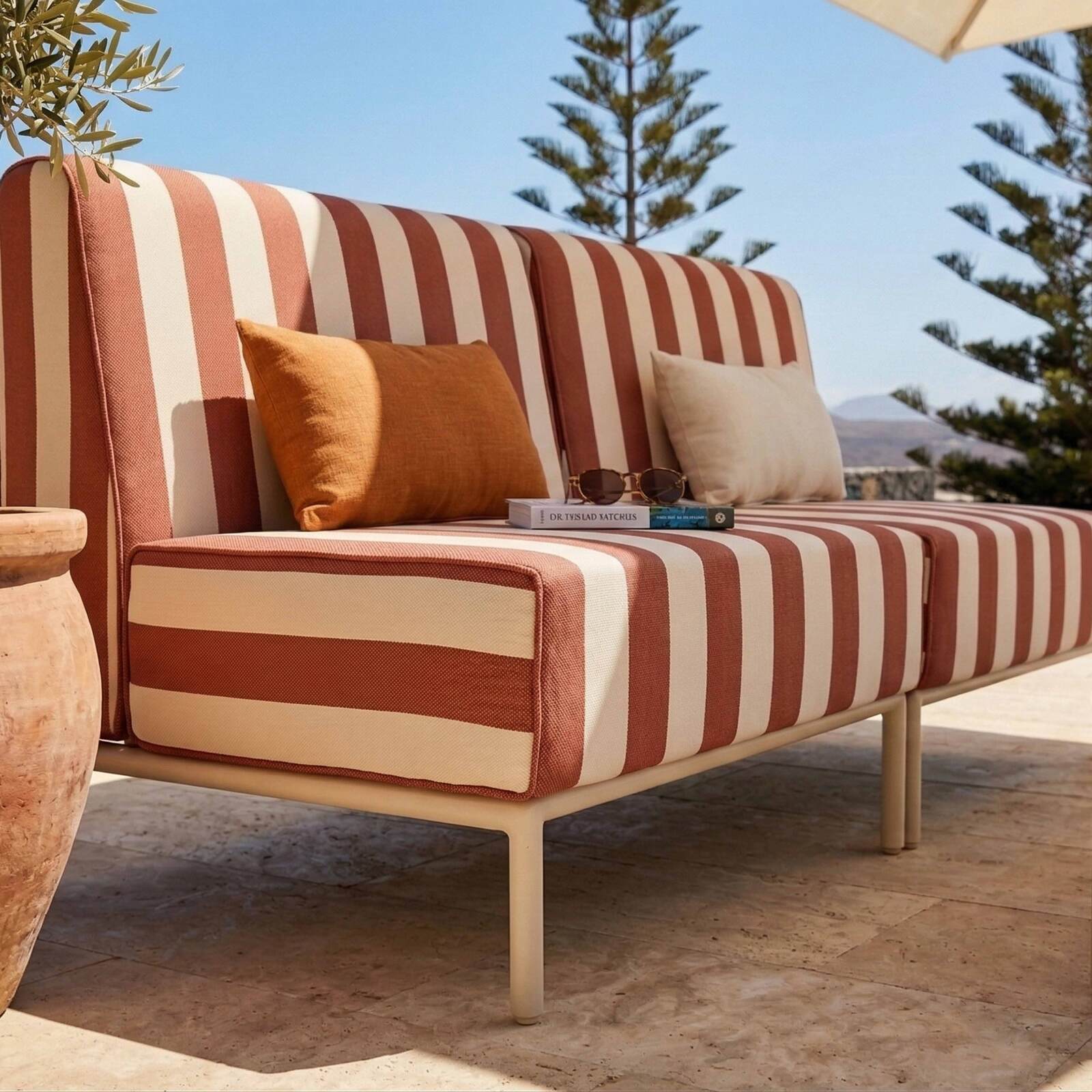Sofá modular de exterior a rayas para 2 personas con 2 sillones