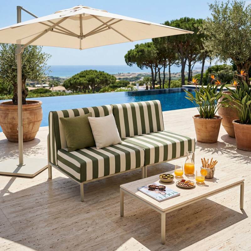 Sofá modular de exterior a rayas para 2 personas con 2 sillones