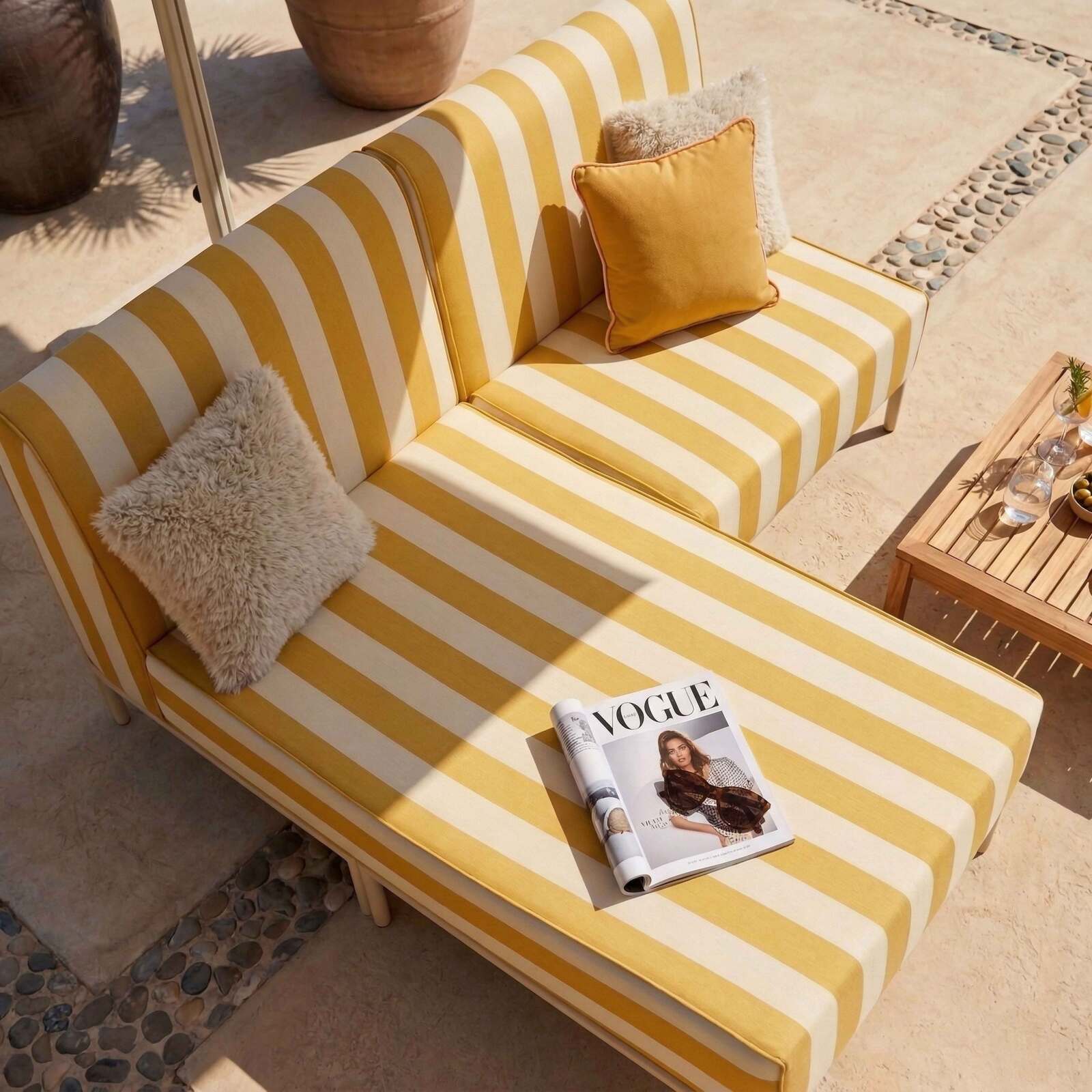 Sofá modular de exterior a rayas para 2 personas con 1 sillón y 1 chaise longue