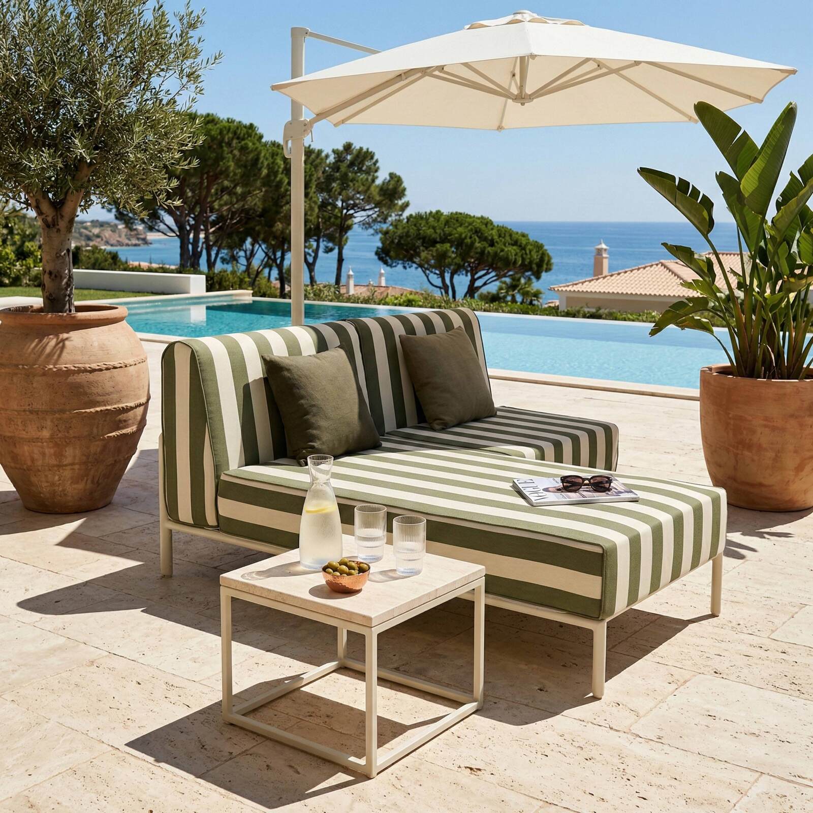 Sofá modular de exterior a rayas para 2 personas con 1 sillón y 1 chaise longue