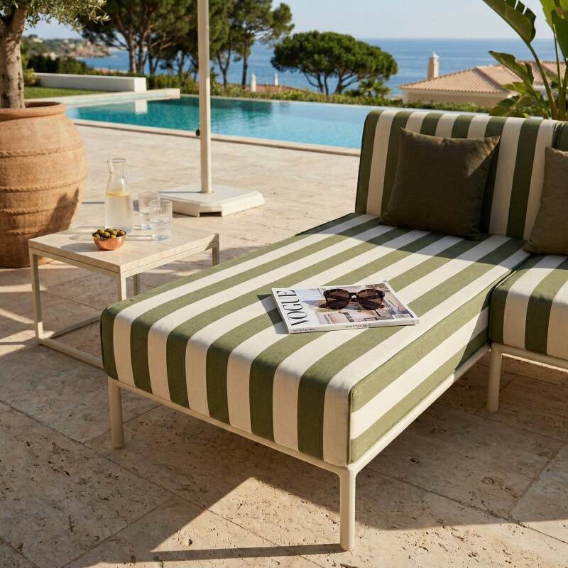 Sofá modular de exterior a rayas para 2 personas con 1 sillón y 1 chaise longue (3/7)