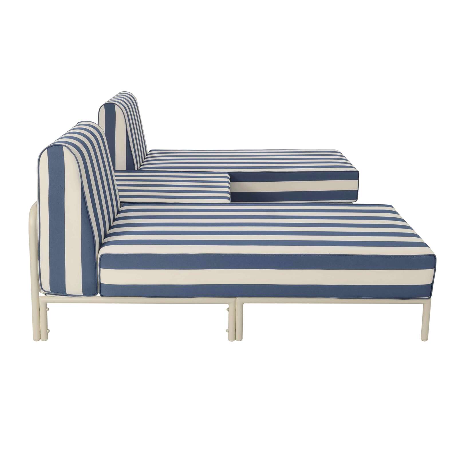 Sofá modular de exterior a rayas para 3 personas con 2 chaise longues y 1 puf