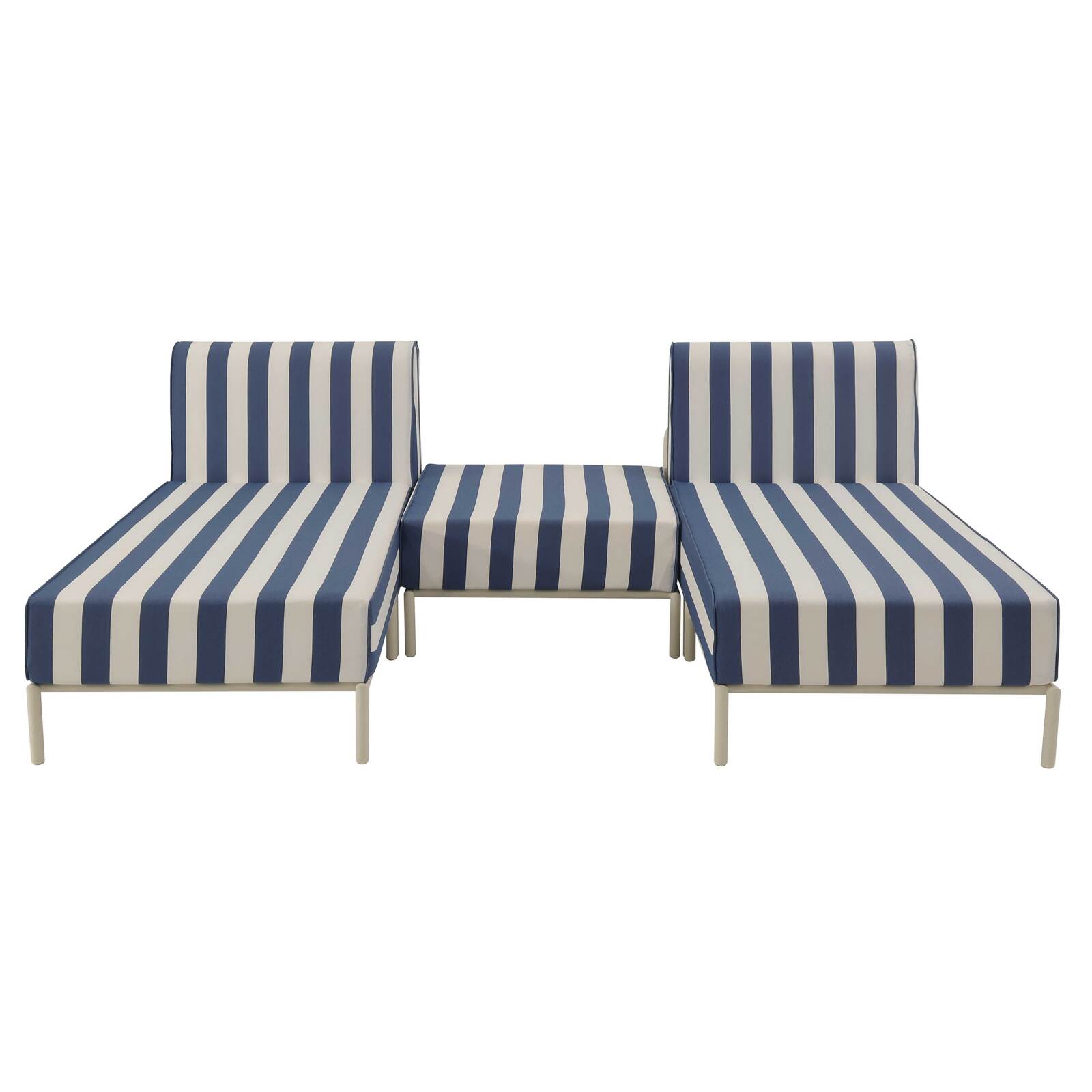Sofá modular de exterior a rayas para 3 personas con 2 chaise longues y 1 puf