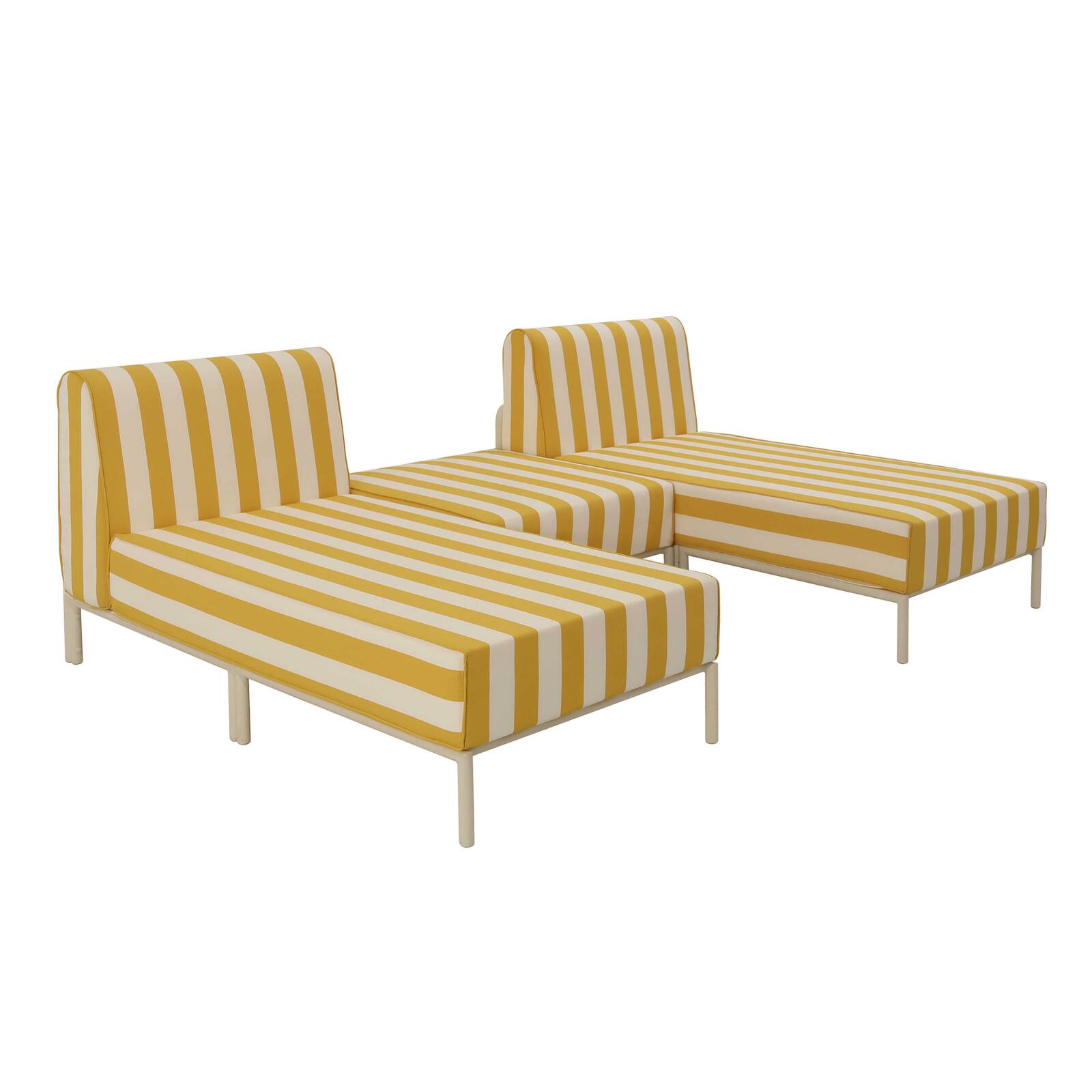 Sofá modular de exterior a rayas para 3 personas con 2 chaise longues y 1 puf