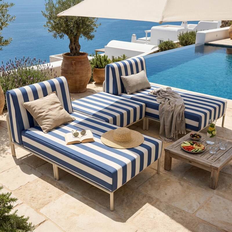 Sofá modular de exterior a rayas para 3 personas con 2 chaise longues y 1 puf